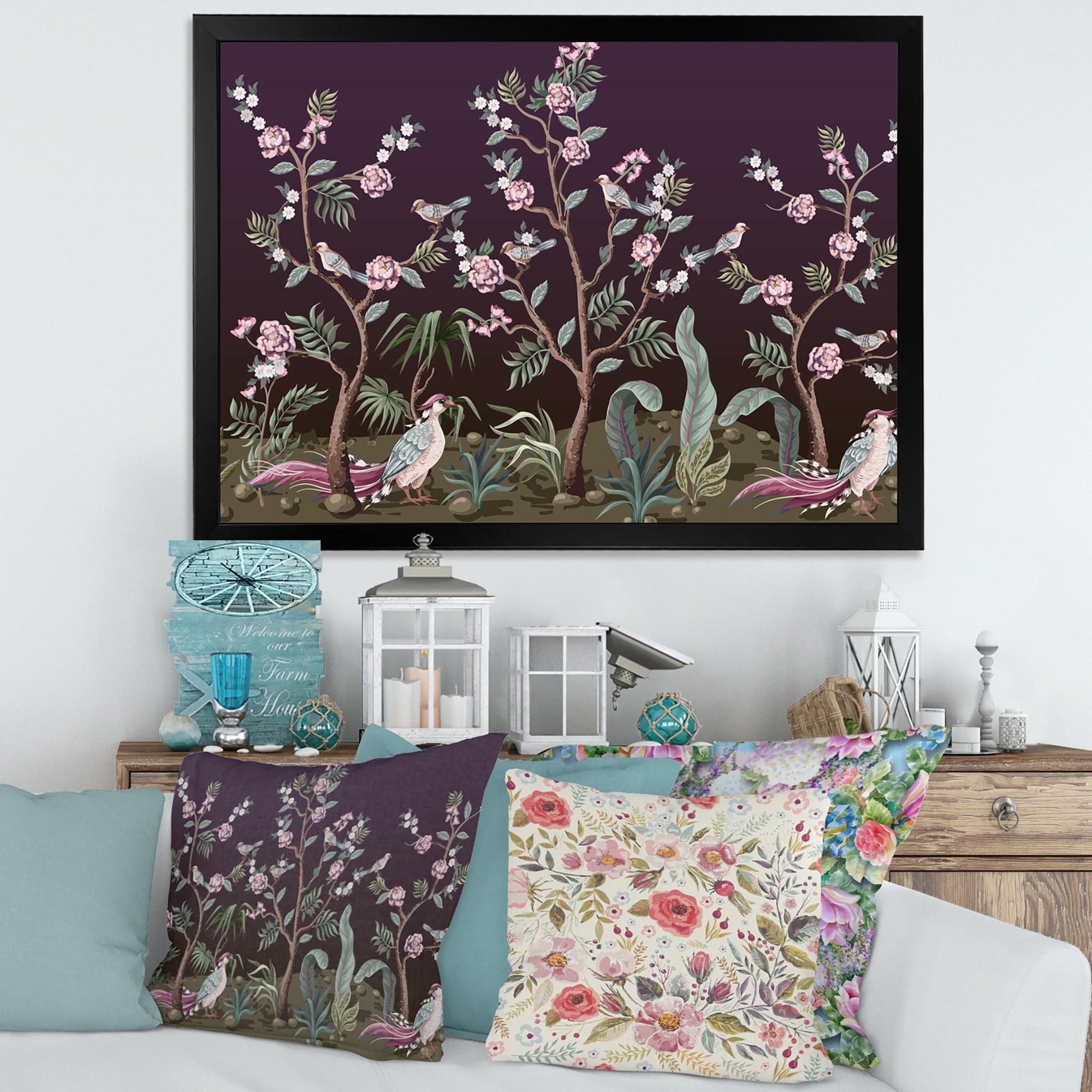 Designart 'Chinoiserie With Peonies and Birds I' Traditional Framed Art Print