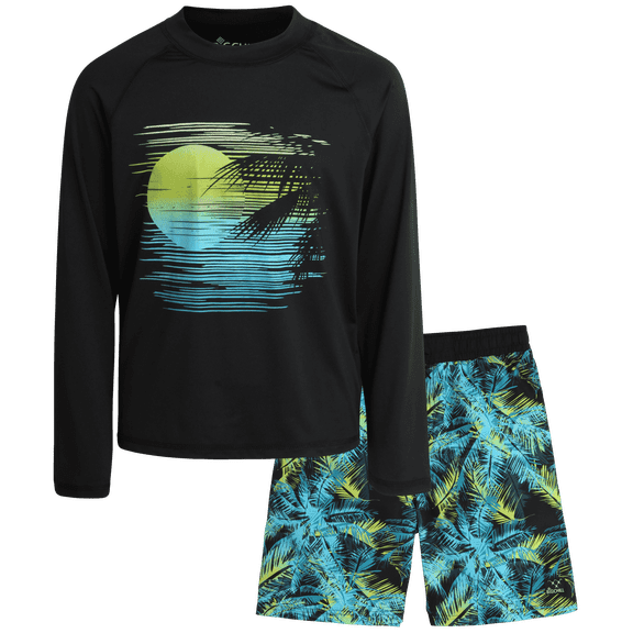 Big Chill Boys Swim Set - Boys Rash Guard Swim Set - UPF 50 Rash Guard Long Sleeve Swim Shirt Board Short Swim Trunks (5-14)