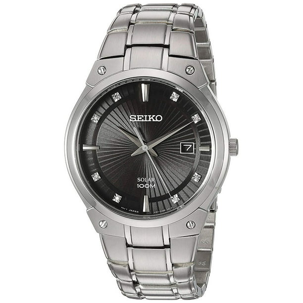 Seiko Men's Solar 8 Diamond Dress Watch - Black Dial - Date - Bracelet -  100m 