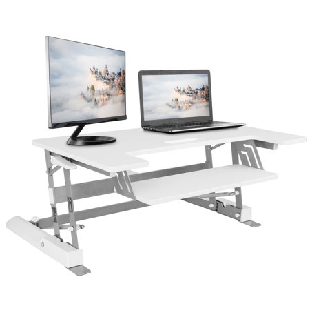 VIVO Height Adjustable Standing Desk Monitor Riser Gas Spring | White Tabletop Sit