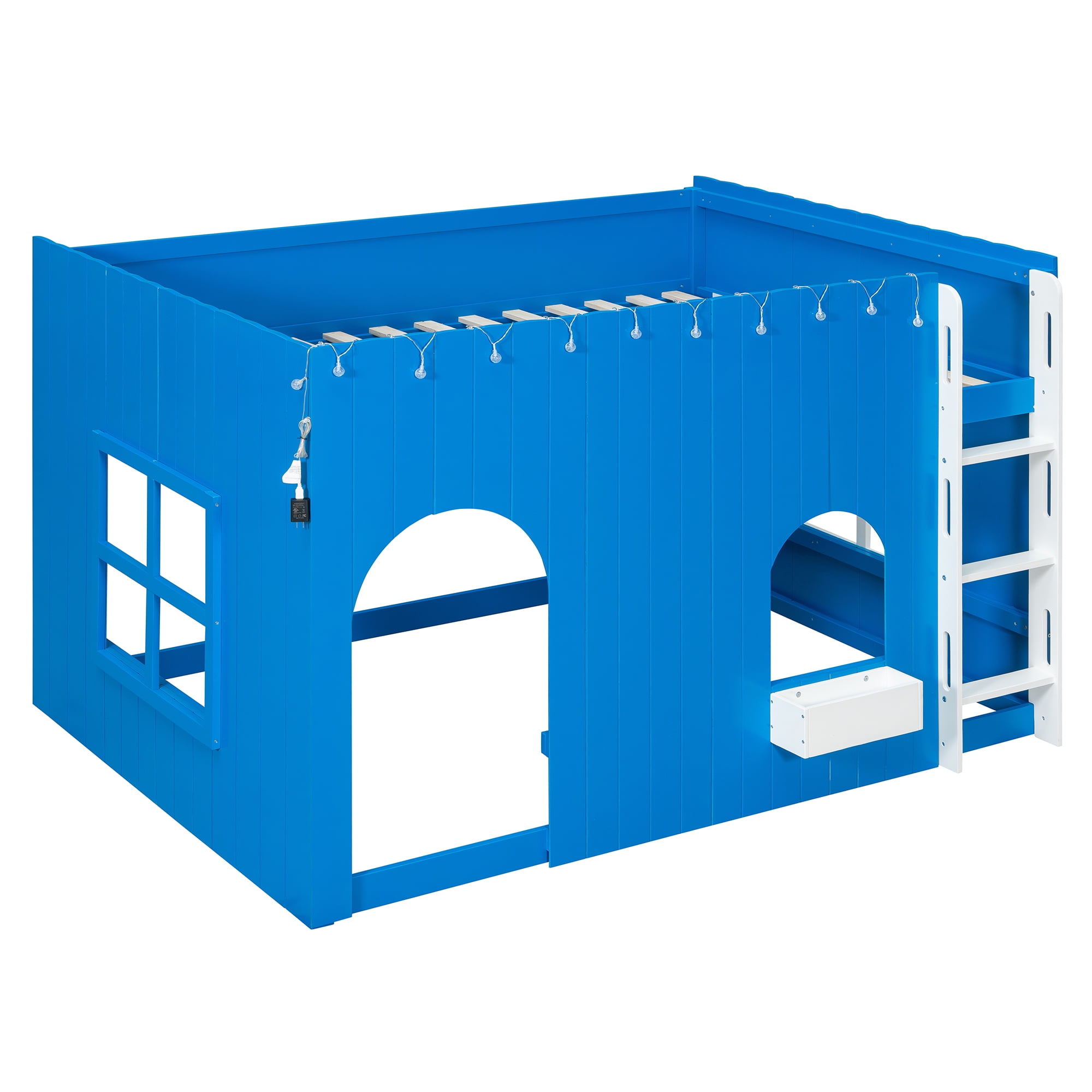 Mintazer Full House Loft Bed with LED Lights, Kids Playhouse Bed with Ladder, Blue