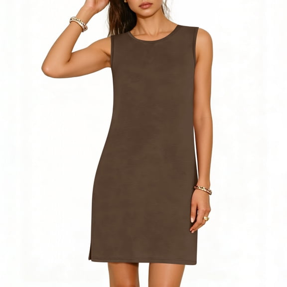 Ruimatai Women's Casual Sleeveless Dress Round Neck Side Slit Solid Color Comfortable Stretchy Summer Tunic Dress