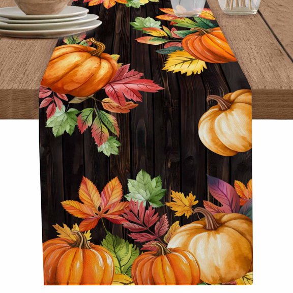 nqOlkjepod Orange Pumpkins Table Runner 90 Inches Long Farmhouse Dress Scarves, Farmhouse Botanical Leaves Wooden Vintage Dining Tablerunner for Coffee Table/Kitchen Island/Party Décor, 13" x 90"