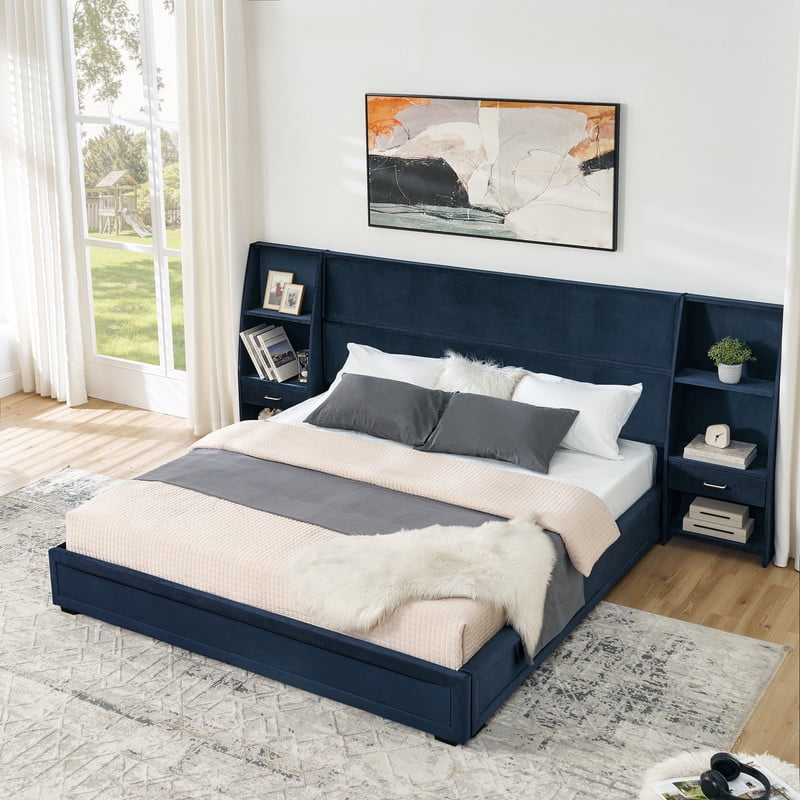 Queen/King Size Modern Upholstered Platform Bed Frame, Velvet Storage Bed with Headboard, Side Bookcases & Drawers Nightstand