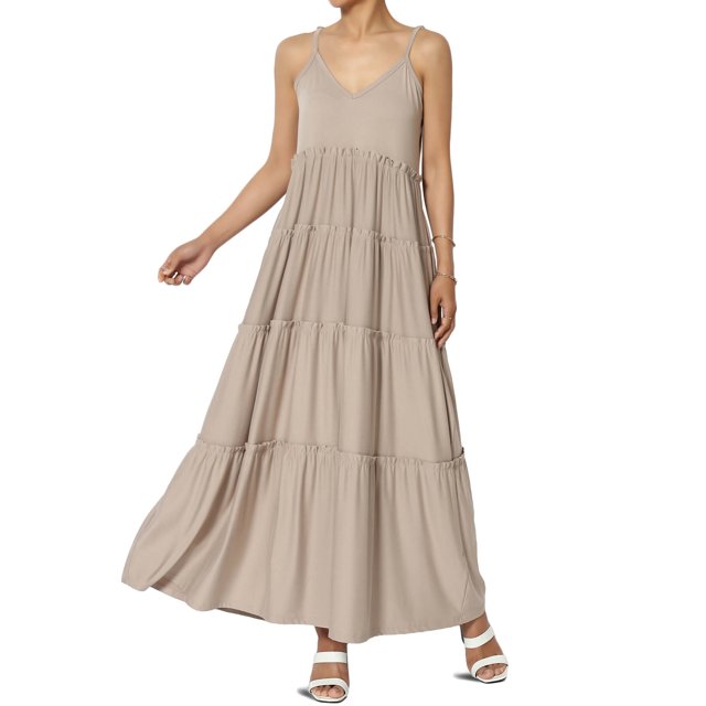 TheMoogan Robe Longue Maxi d'Été Décontractée pour Femme à Volants Superposés, Col en V, Camisole, Soleil, avec Poche