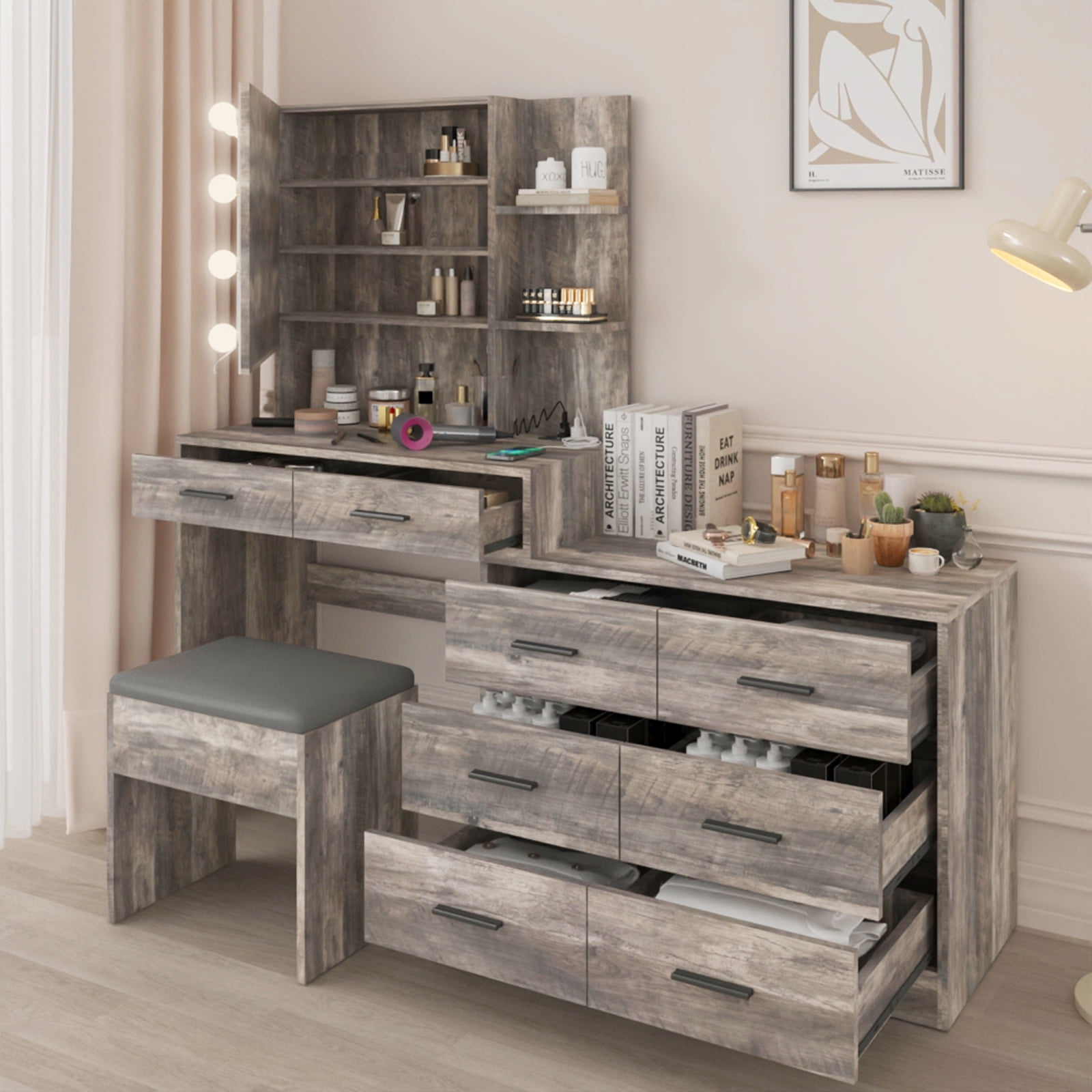 Ktaxon Makeup Vanity with 8 Drawers&Charging Station, Vanity Desk with 3 Color Light, Vanity Table Set w/ Drawer Dresser, Gray