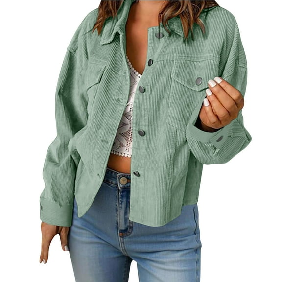QSAWXQZ Corduroy Shacket for Women Long Sleeve Button Down Lapel Collar Loose Cardigan Shirt with Pockets for Spring Mint Green 2XL