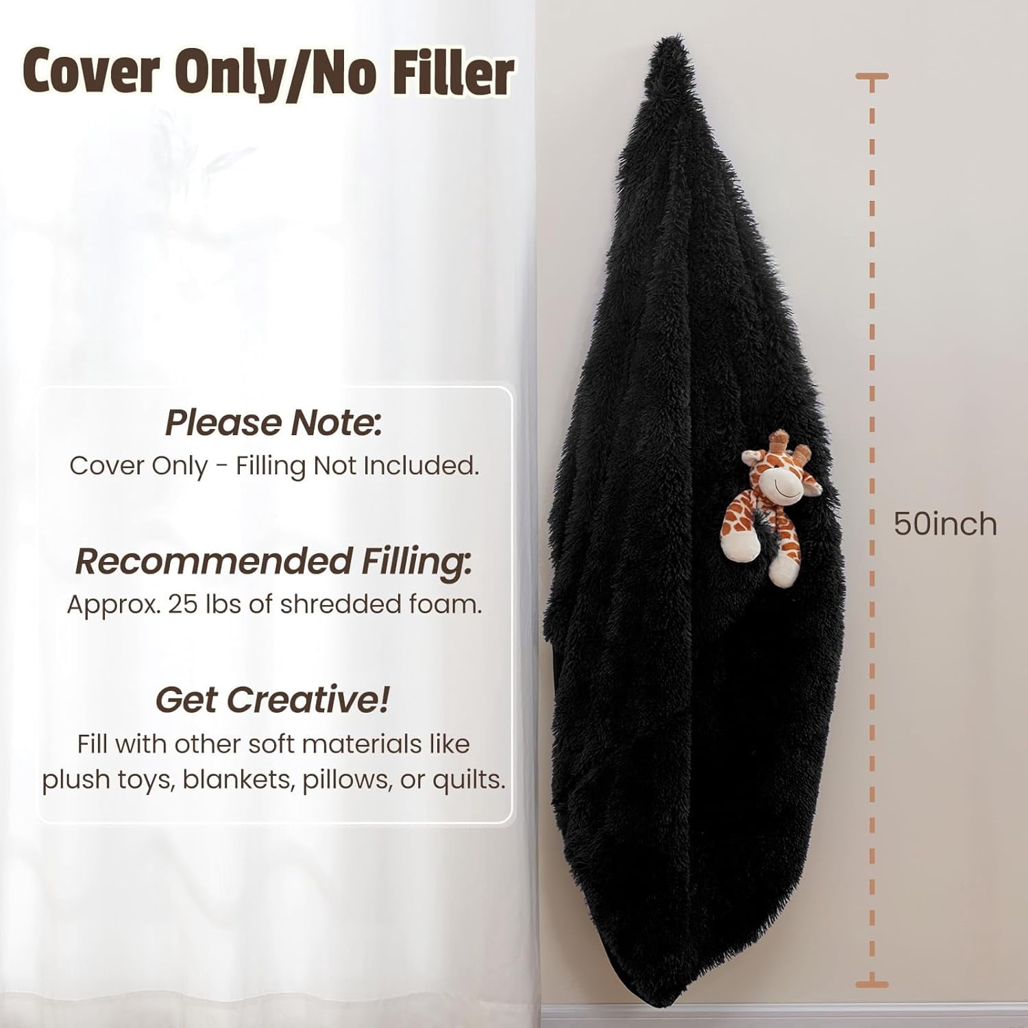 Bean Bag Cover (No Filler), Soft Faux Fur Stuffed Animal Bean Bag Storage, Fluffy Plush Bean Bag Chair Cover Washable, Comfy Bean Bag Covers for Adults Kids Teens, 38"x40" Black