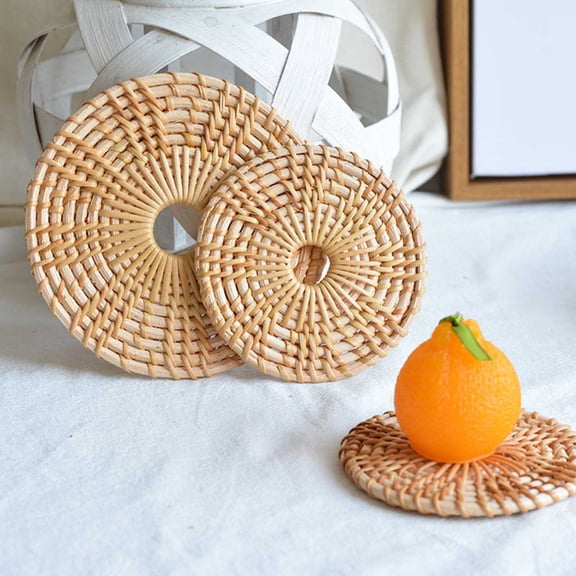 Walbest Natural Hand Woved Rattan Round Placemat Coaster for Dining Table, Decorative Heat Resistant Mats for Kitchen Coutertops, Hot Dishes, Pots and Pans