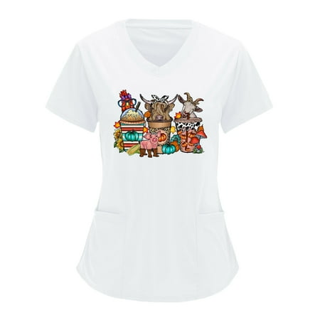 

Women Scrub Tops Cartoon Letter Printed Short Sleeve Holiday Classic V-Neck Shirts Blouse Tops With Pockets Top Ladies Streetwear