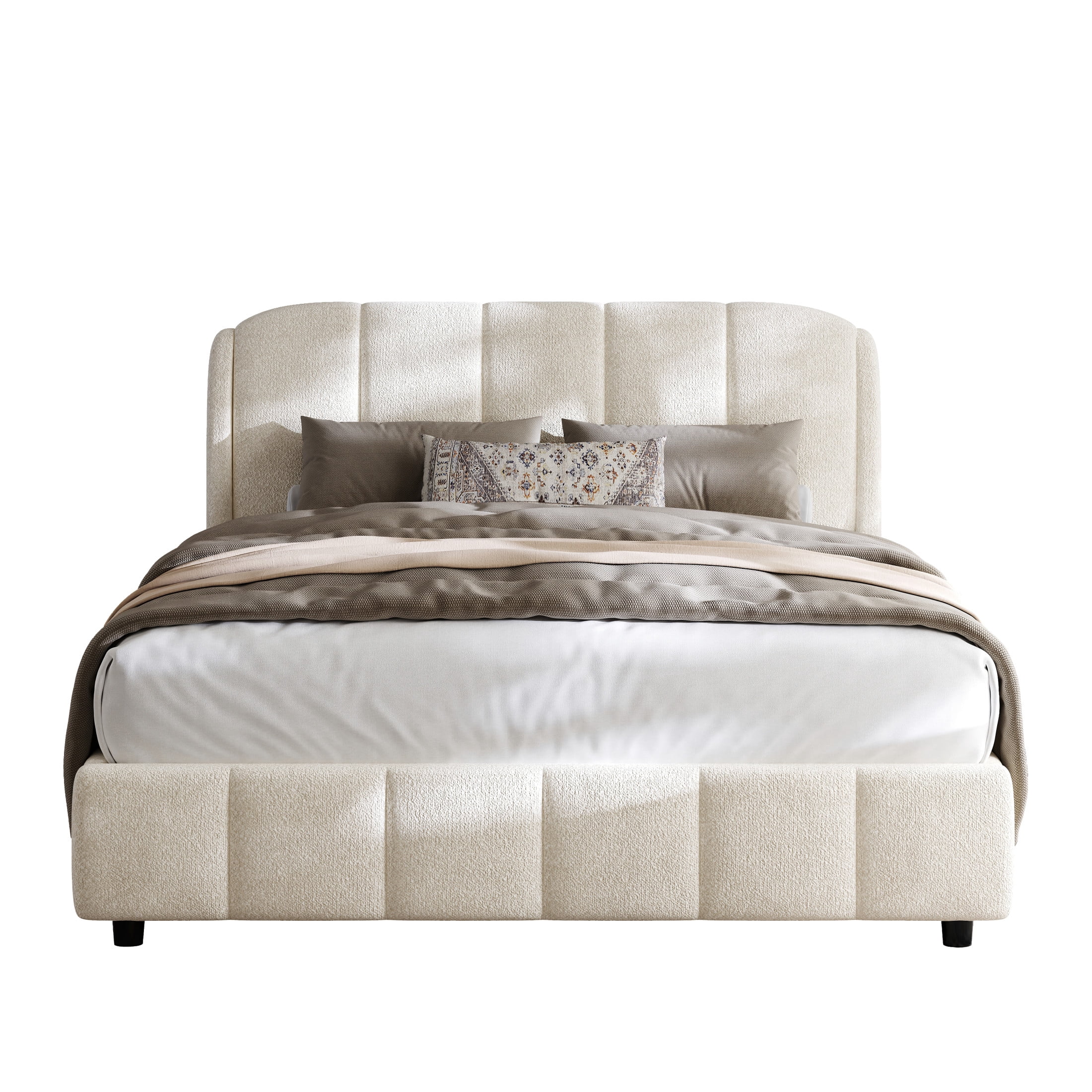 Christopher Knight Home Lysandra Queen Boucle Upholstered Platform Bed with Wood Headboard, Beige