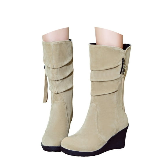Oyedens Wedge Wide Calf Boots for Women Fashion Casual Suede High Heel Winter Fall Short Boots