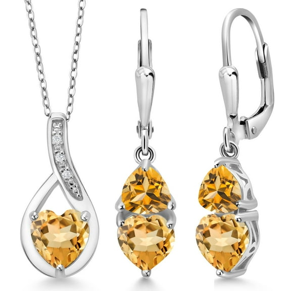 Gem Stone King 925 Sterling Silver Yellow Citrine Pendant Earrings Set for Women (3.12 Cttw, Gemstone November Birthstone, with 18 inch Chain)