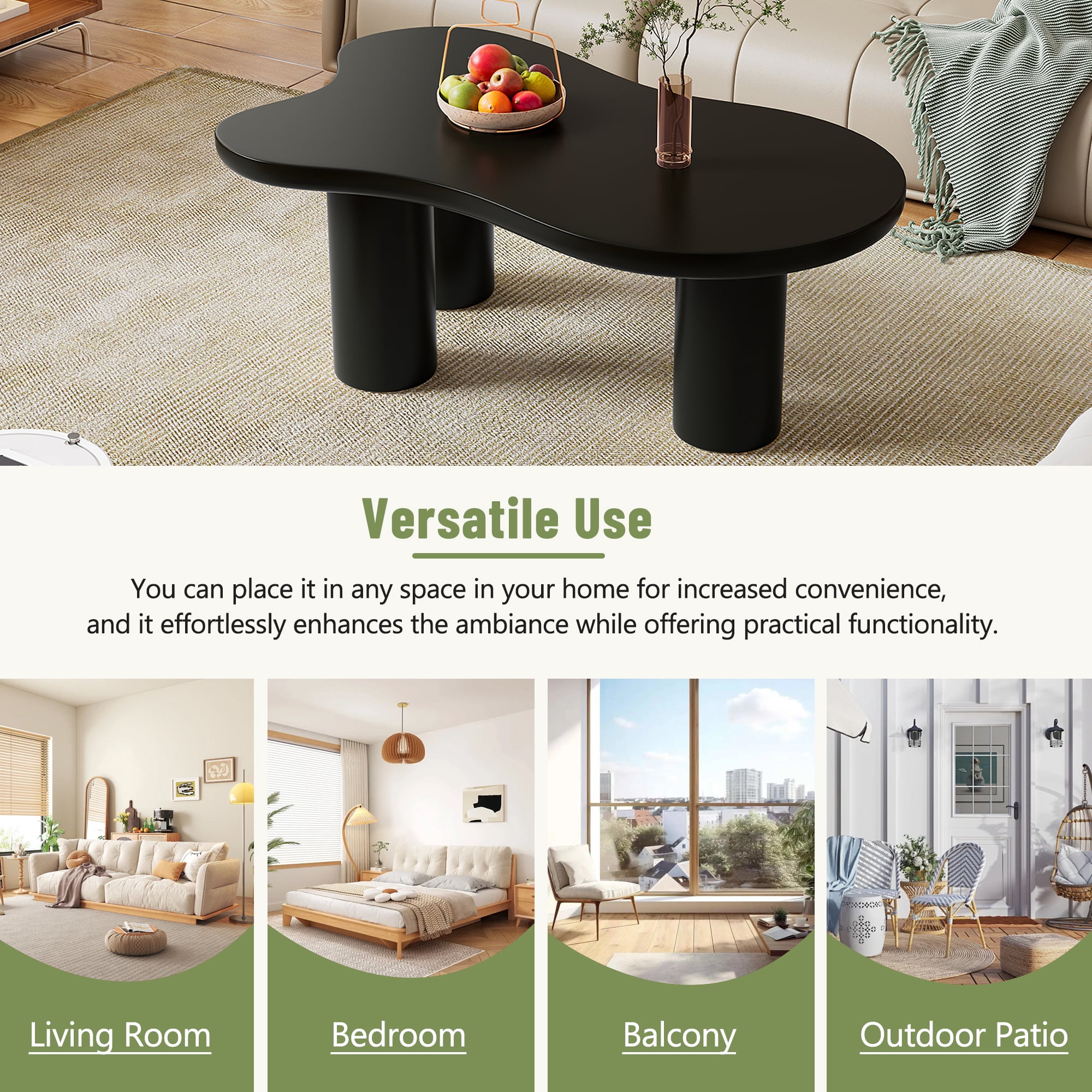 MAYEERTY 44'' x 25.9'' Easy Assembly Cloud Coffee Table with 1.5'' Thick Tabletop, Cream Style Irregular End Table with 3 Sturdy Legs, Sleek Center Table with Round Edge for Living Room, Black