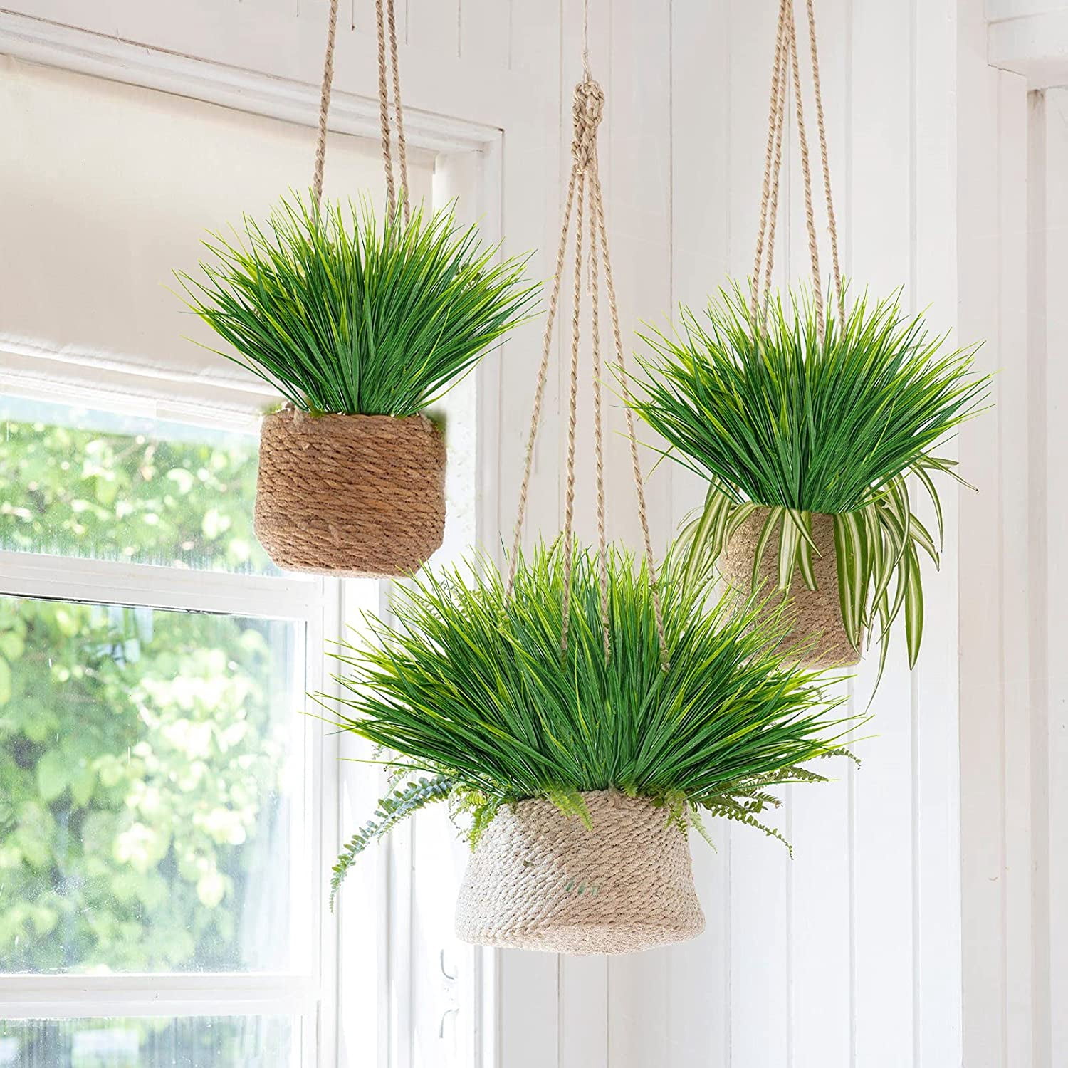 10 Bundles Artificial Grass Plants Outdoor UV Resistant Fake Grass Plants No Fade Faux Plastic Plants for Outside Garden Window Box Planter Decor (Green)