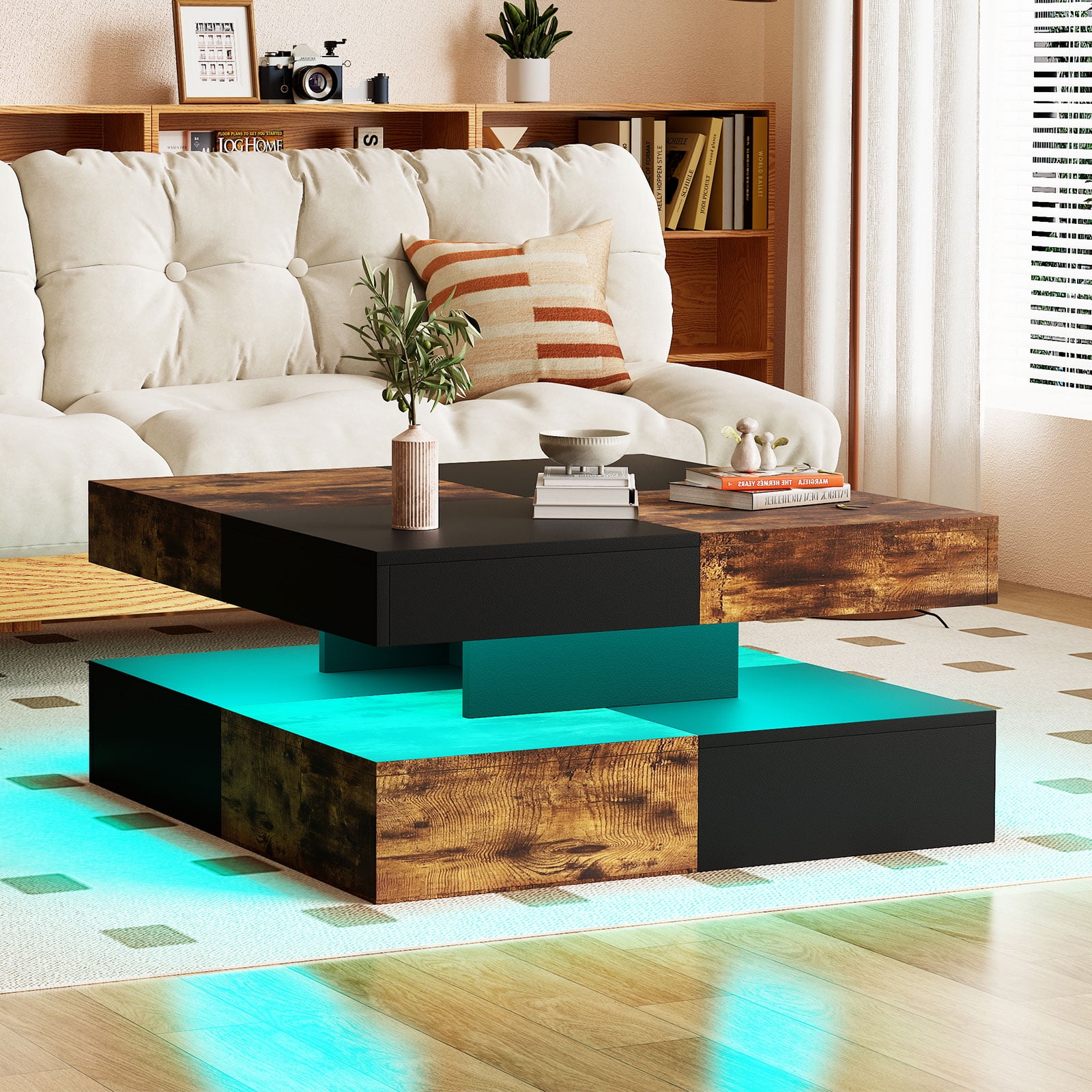 Hironpal Modern Rustic Brown Square LED Coffee Table - 2-Tier Storage, 16-Color LED Light, Contemporary Cocktail Tea Table for Home Office Reception