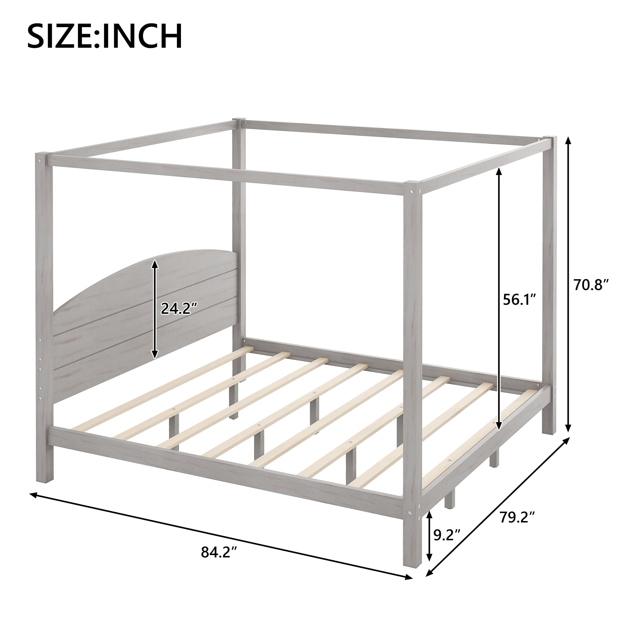 EUROCO Wood King Size Canopy Bed, Solid Wood Platform Bed with Headboard for Kids Teens Adults, Grey Wash