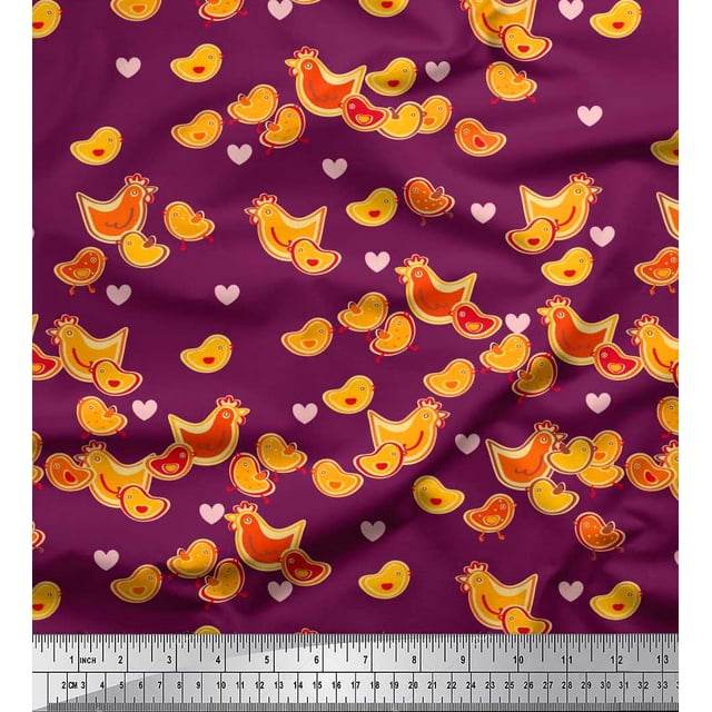 Soimoi Moss Georgette Fabric Heart,Hen & Chick Cartoon Print Fabric by Yard 42 Inch Wide