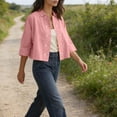 thumbnail image 7 of Women's Cotton Linen Button Down Shirts Casual 3/4 Sleeve Double-Breasted Collared Work Blouses Lightweight Cardigan Pink XL, 7 of 7