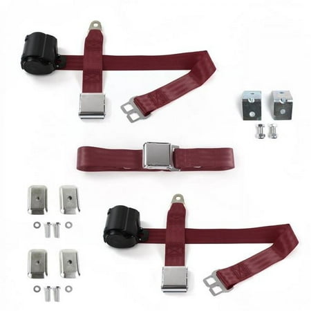 Airplane 2 Point Burgundy Retractable Bench Seat Belt Kit with Bracketry & 3 Belts for 1967-1970 Ford Mustang