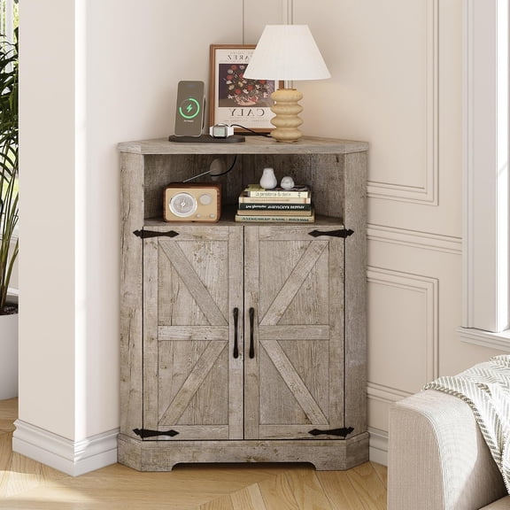 QHTERFarmhouse Corner Cabinet with Charging Station, Grey | Small Corner Storage Cabinet, Barn Doors, Adjustable Shelves, For Living Room, Bathroom, and Kitchen