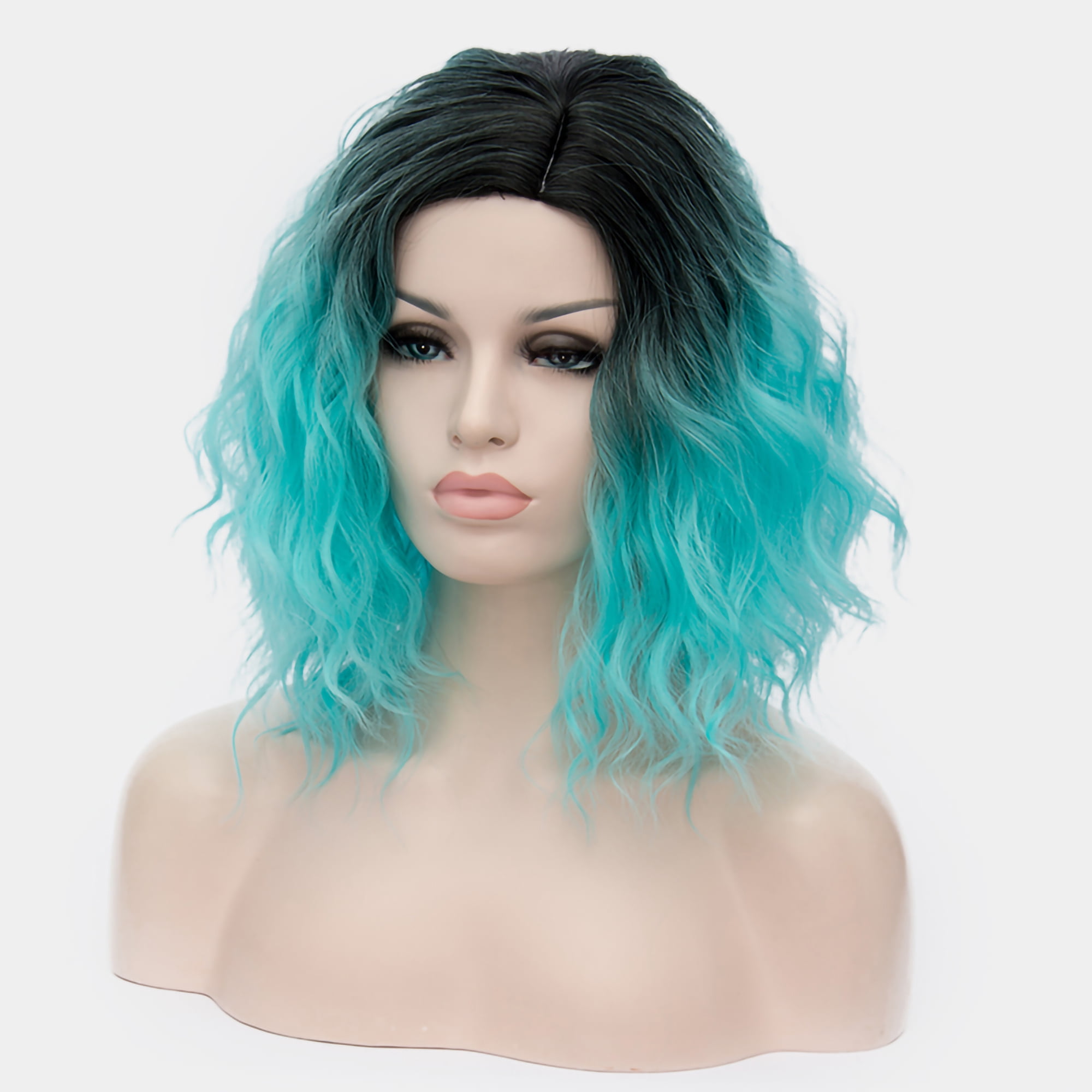 Unique Bargains Human Hair Wigs for Women Lady Curly Wig Cap Fluffy Curly Wavy Black Blue