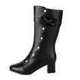 thumbnail image 6 of Women's Leather Block Low Heel Mid Calf Boots Cute Bowknot Fashion Studded Bead Wide Calf Riding Booties Black Size 7.5, 6 of 7