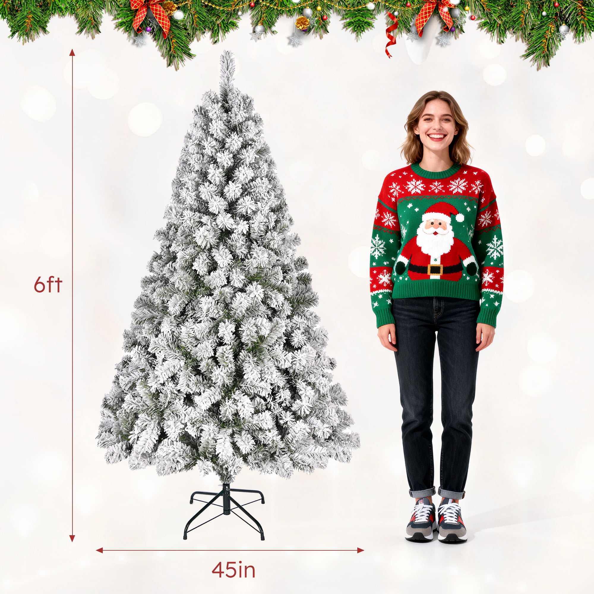 Fenbeli 6ft Artificial Snow Decorated Flocked Hinged Christmas Tree with Metal Stand, Indoor White