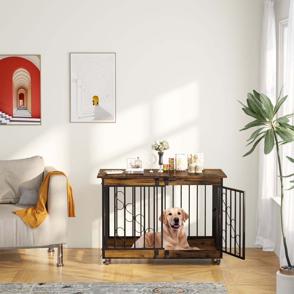 48 inch Dog Cage Furniture for Extra Large Dog, Double-Doors Heavy Duty Dog Crate with 360° Caster Wheels, Dog Kennel Indoor Decorative Pet House Dog Cage Table, Brown