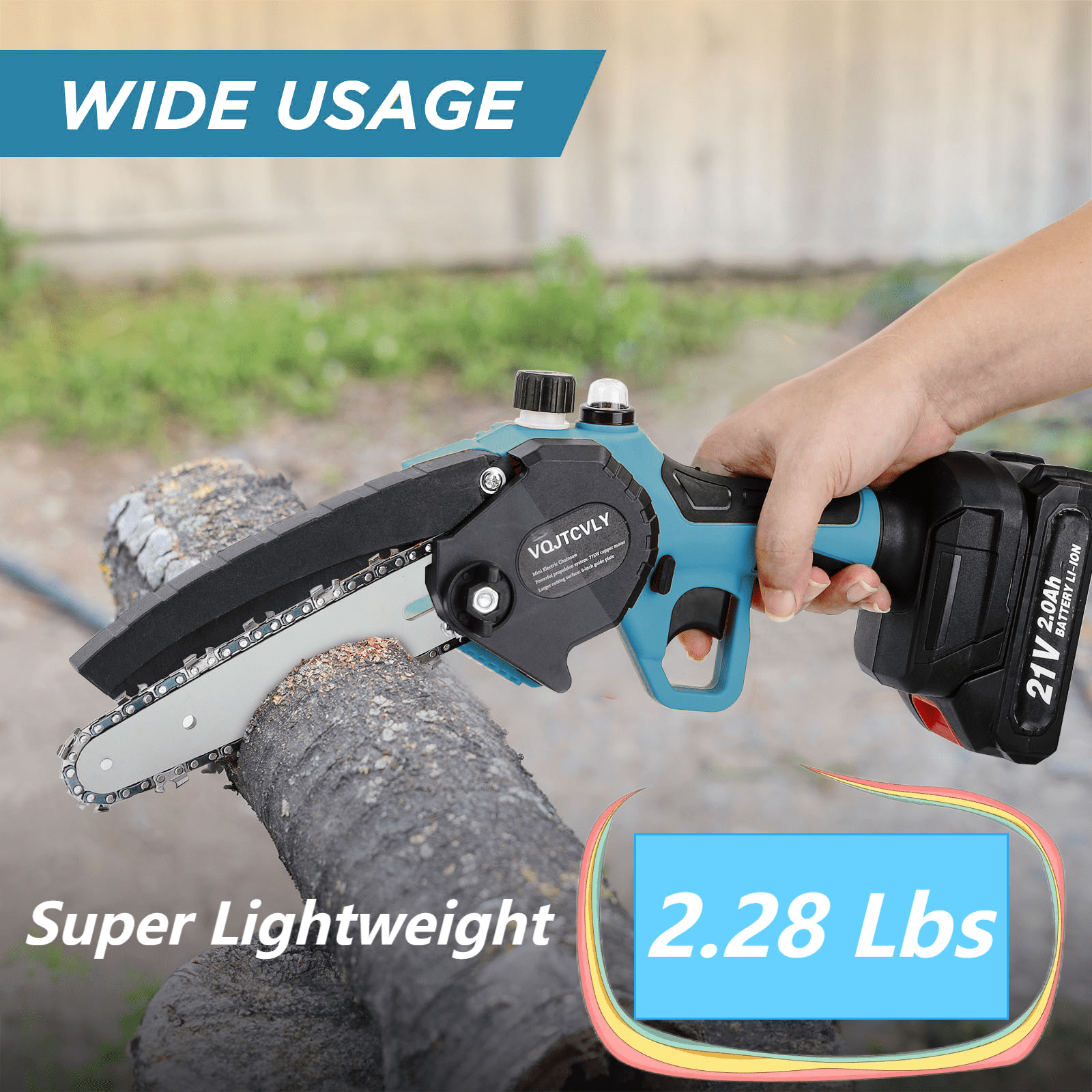 VQJTCVLY  6 inch Mini Chainsaw with 2x2000mAh Batteries and 2 Chains, Electric Cordless Chainsaw Set with Security Lock for Wood Cutting Tree Pruning Trimming, Blue