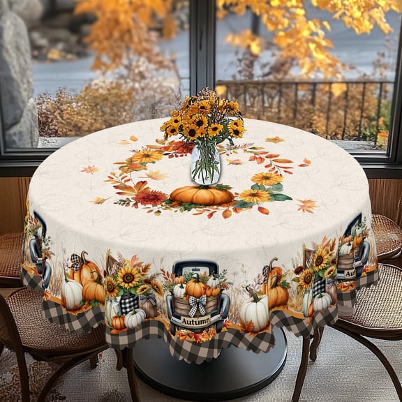 KOPOEELK Autumn Harvest Round Table Cover, 60 Inch Washable Round Tablecloth