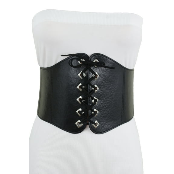 New Women Black Faux Leather Wide Elastic Waistband Corset Belt Size S M