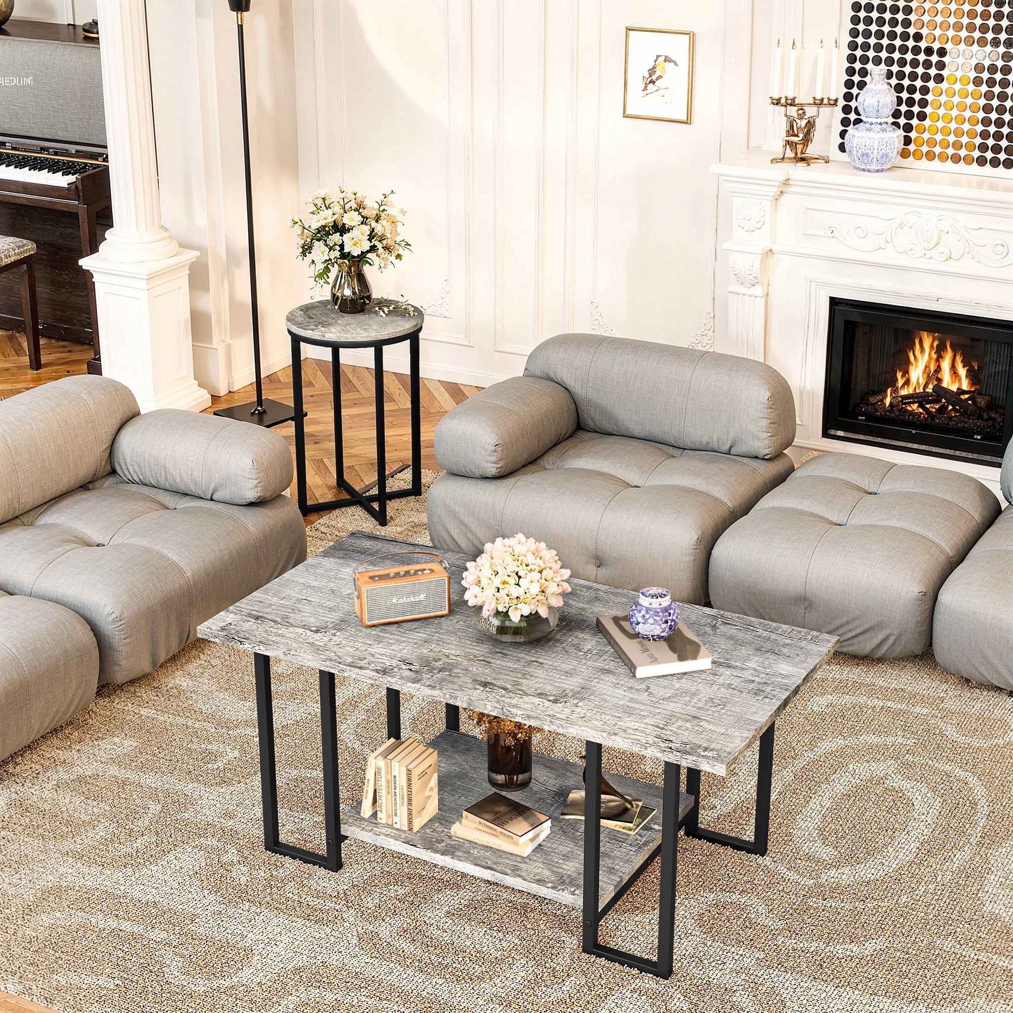 Baxluxe Coffee Table Set of 3, Faux Marble Coffee Table with 2 Round End Side Tables, Modern Living Room Table Set with Metal Frame for Apartment Home Office Small Place, Gray