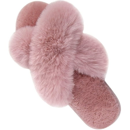 

House Slippers for Women Soft Plush Fuzzy Cozy Open Toe Slippers Fluffy Furry Memory Foam Cross Band Slip On Indoor Outdoor