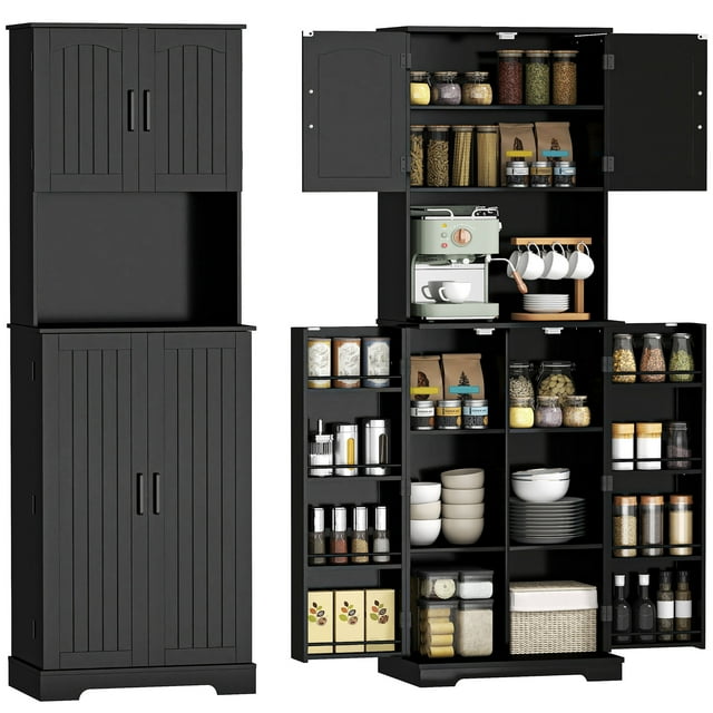 HOMCOM 71.5" Tall Pantry Cabinet, Kitchen Cupboard with Spice Racks, Black
