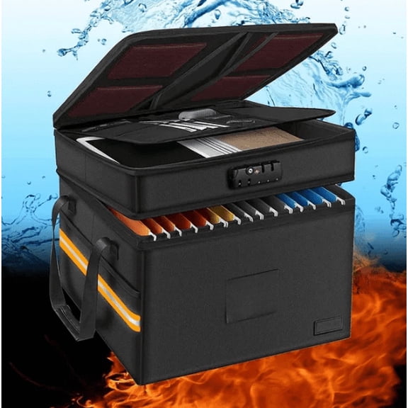 Fireproof File Box with Lock 2 Layer Water-Resistant Collapsible Portable Organizer with Reflective Strip
