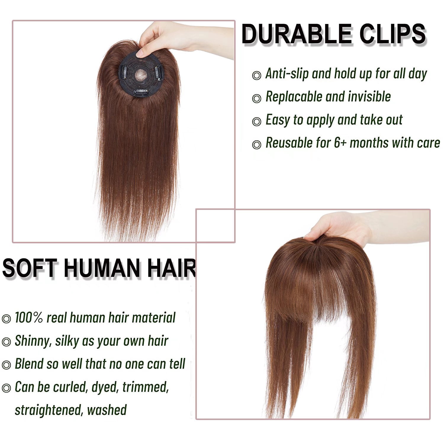 MY-LADY Hair Toppers for Women Real Human Hair with Bangs 3 Clip In Remy Topper Hairpiece for Thin Hair Natural Looking Hair Extensions 14inch #04 Medium Brown