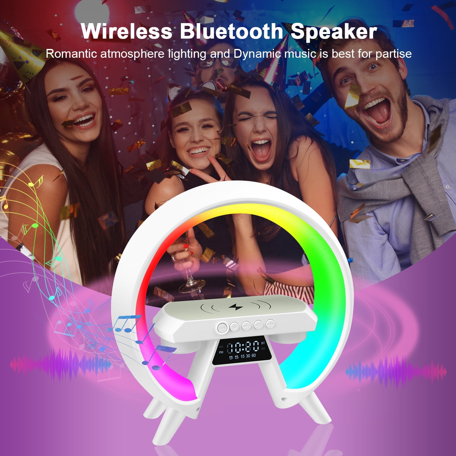 Alarm Clock, 4 in 1 Digital Alarm Clock with Wireless Charger&RGB Dimmable Night Light&Bluetooth Speaker&FM Radio, Electric Clock Digital Clock Small Clocks Desk Clock W/ LED Display for Bedroom