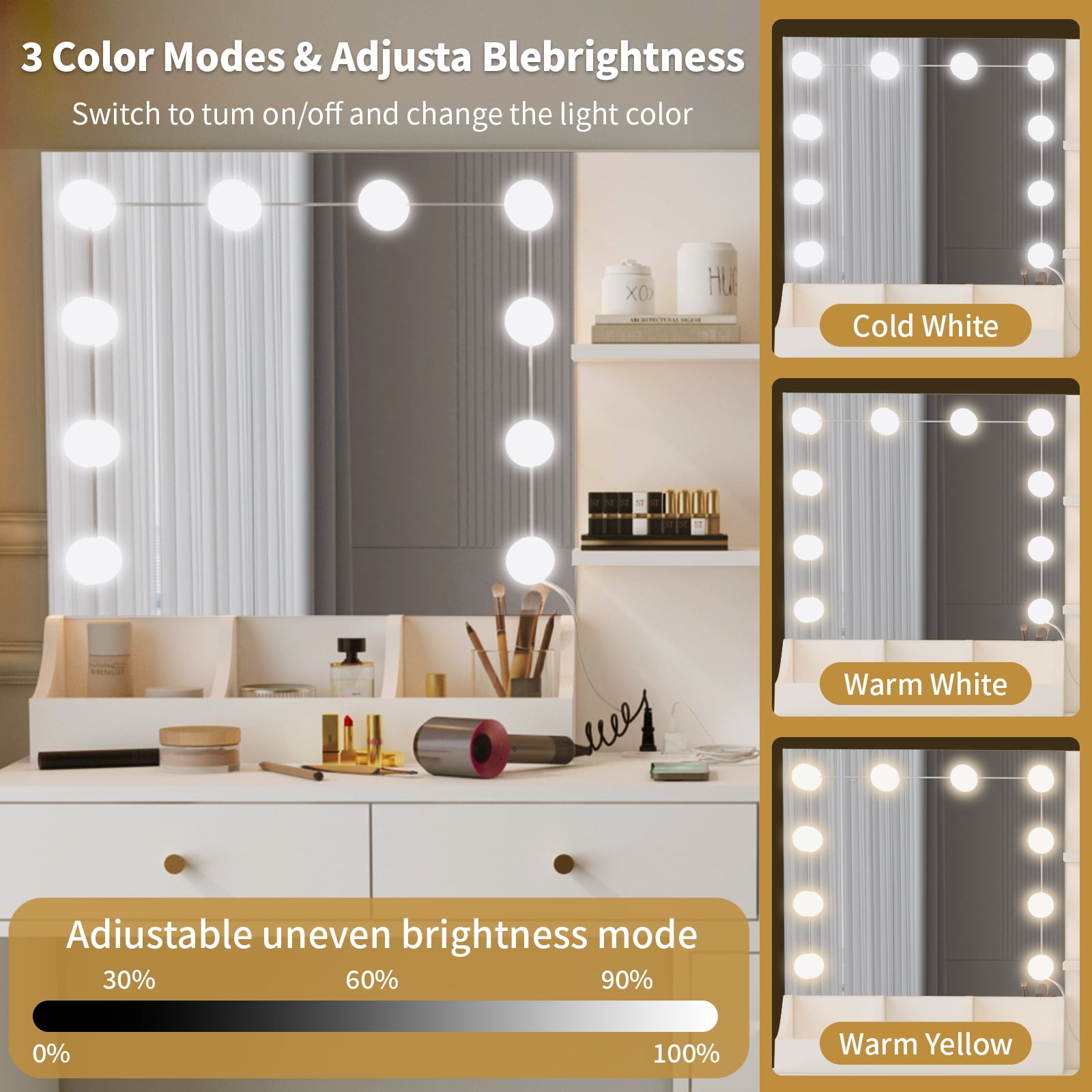 Ktaxon Makeup Vanity with 9 Drawers&USB Charging Station, Vanity Desk with 3 Color Light, Vanity Table Set w/ 9 Drawer Dresser, White