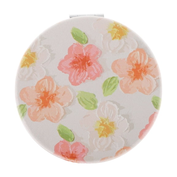 Unique Bargains 1 Pc Women Round Hand-drawn Makeup Mirror for Travel Vacation White Metal PU Glass