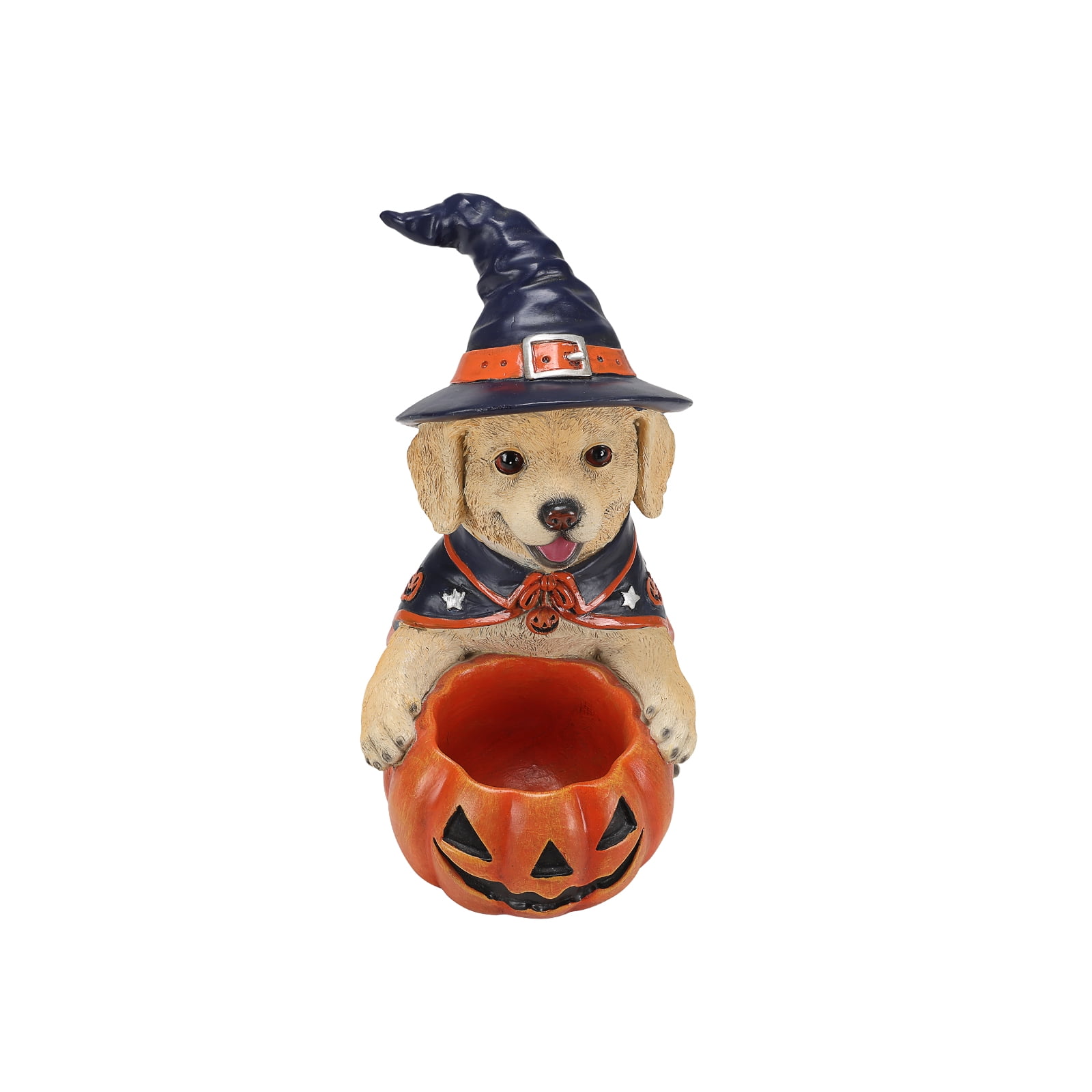 Labrador Puppy Figurine 12.6 Inch, Halloween Witch Dog Statue with Pumpkin Candy Bowl, Cute Puppy Decor for Tabletop and Holiday Display, Beige and Orange-Red