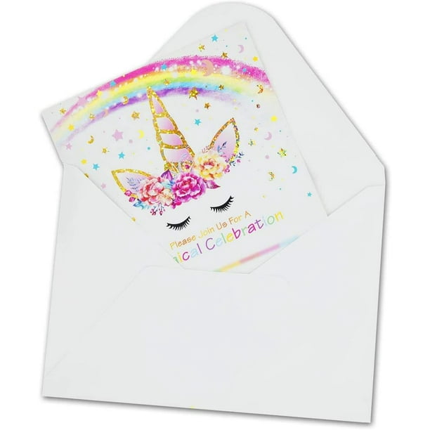 BCI013 - 8 invitations dont enveloppes - Invitation anniversaire - Licorne  arc-en-ciel