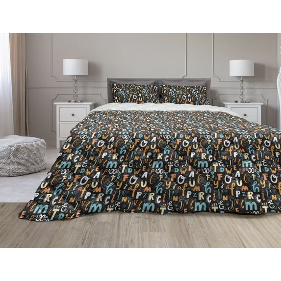 Alphabet Comforter & Sham Bedding Set, Pattern of Funny Lowercase and Uppercase Alphabet Illustration, 3 pcs Duvet Set Microfiber Filling Quilt, 5 Sizes, Dark Taupe Multicolor, by Ambesonne