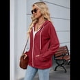 thumbnail image 4 of Sudadera con Capucha Informal con Cremallera para Mujer, Cómoda, Holgada, de Larga, Color Liso, con Bolsillos. Rojo Vino L, 4 of 9