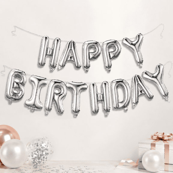 Silver 16-Inch Foil Birthday Balloon Banner Set, Reusable Party Decorations Supply for Men Women Adult Birthday Party Backdrop, Happy Birthday Letters