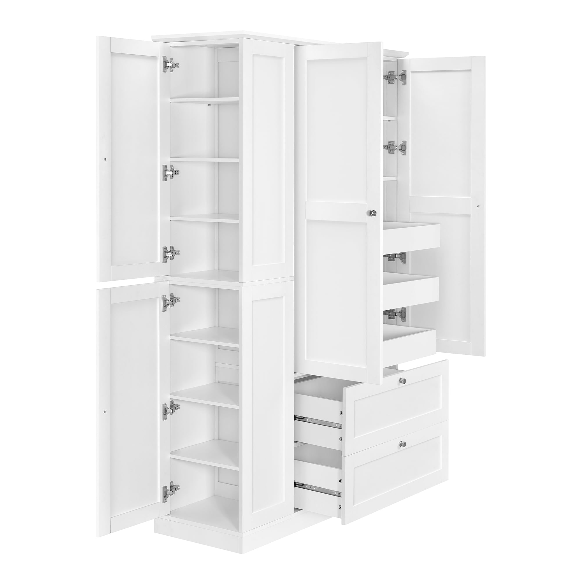 Euroco 73.6" Tall Farmhouse Kitchen Pantry Cabinet, Freestanding Hutch Cabinet with 2 Drawers, 3 Pull-Out Trays & Side Cabinets,Food Pantry for Dining Room,White