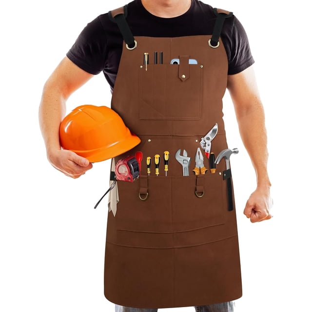 Leather Aprons for Men, Heavy Duty Leather Work Apron, Heat- & Flame-Resistant Shop Apron, Woodworking Apron, with Strengthened Pockets and Robust Stitching