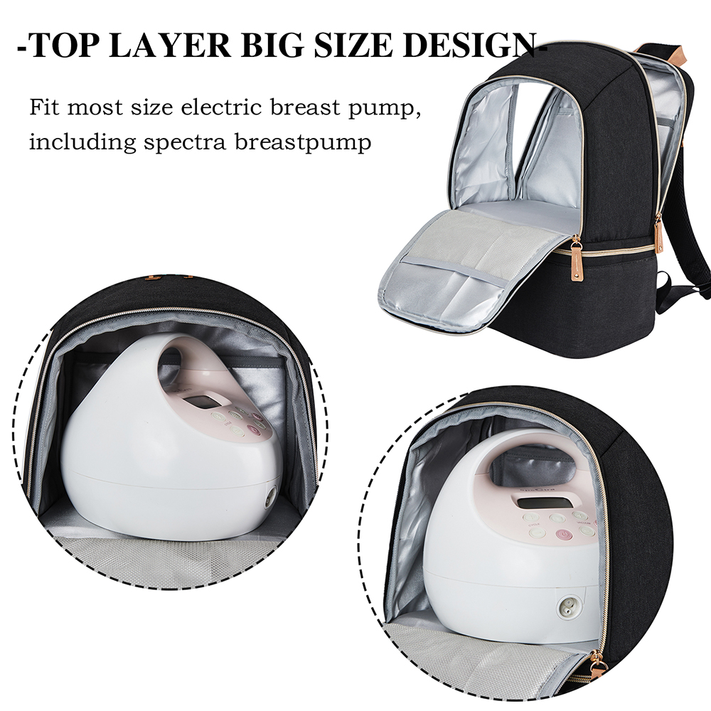Breast Pump Bag Backpack - Cooler Lunch Bag Double Layer for Mother Large Size Black