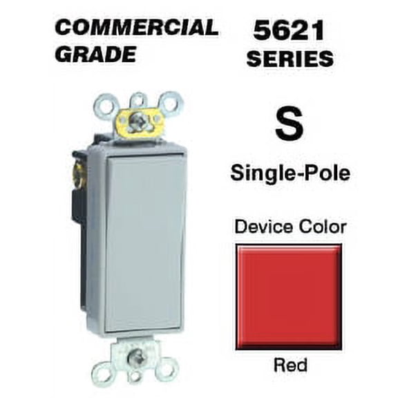 Leviton 5621-2R 20-Amp 120/277-Volt Decora Plus Rocker Single-Pole AC Quiet Switch, Red