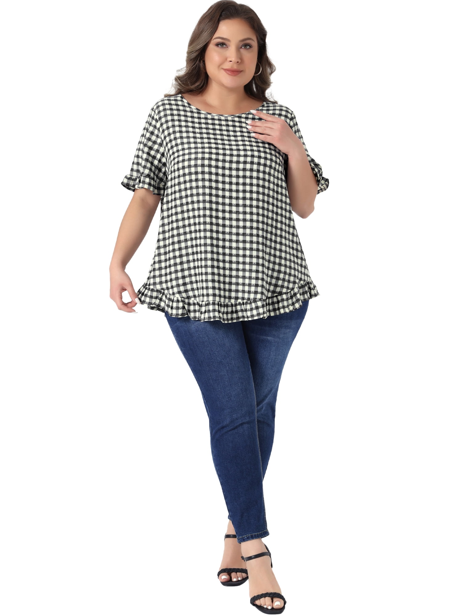 DARING DIVA Women's Plus Gingham 1950s Plaid Round Neck Tops 3X Black